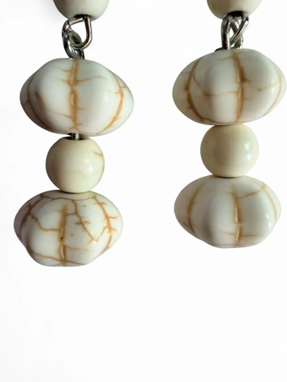 Handmade Cream Howlite Stone Beaded Long Dangle Earrings OOAK
